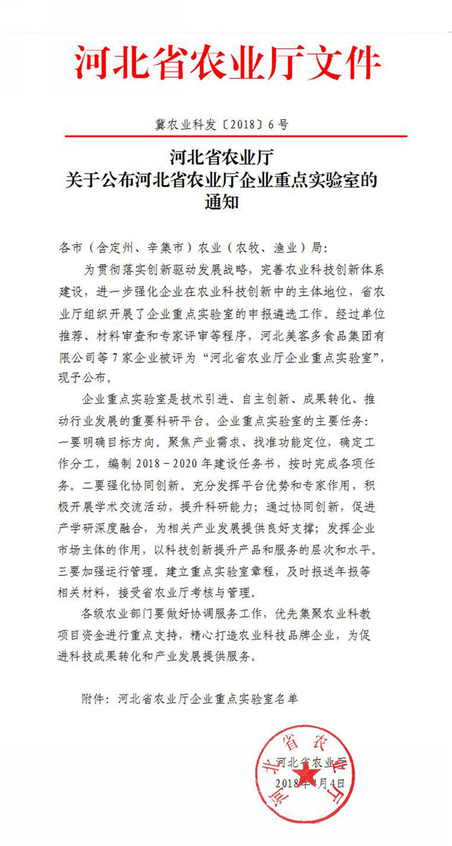 ued官网体育
获批河北省农业厅企业重点实验室 ued官网体育
获批河北省农业厅企业重点实验室